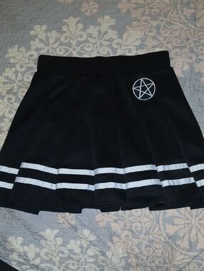Black Pleated Mini Skirt with White Stripe Detail